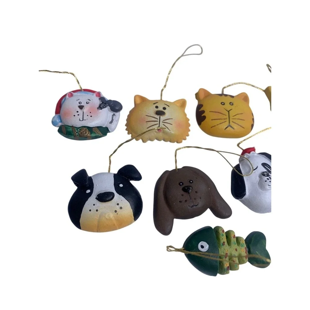 Vintage Pet Christmas Ornaments Set 12pc Resin Cat Dog Fish Bone Holiday Decor‎